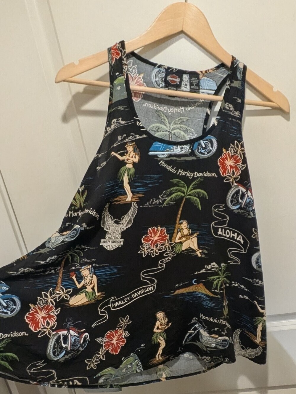 EUC Harley Davidson S Hawaii Exclusive Hula Racer Back Tank Black Aloha Wear - Picture 2 of 7
